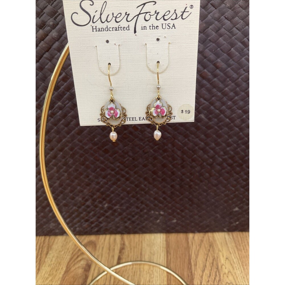 silver forest earrings new Pink Pansies With Dangle Pearl